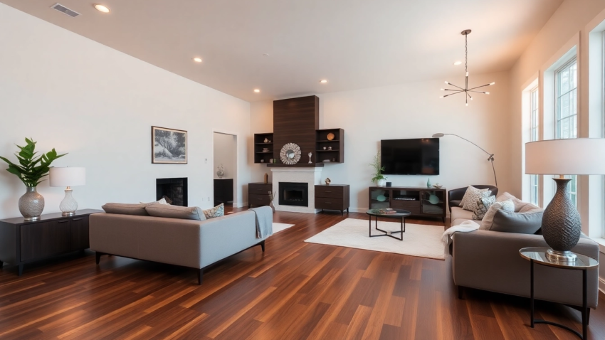 Remodeling expert transforming a living room with modern fixtures and stylish design elements for a fresh look.