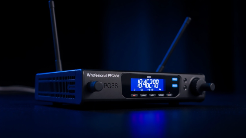 High-quality PG88 wireless microphone receiver with digital display and antenna for live sound setup