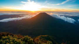 Spectacular view of Mount Rinjani's volcanic peak with sunrise lighting, lush surroundings, and dramatic clouds, highlighting Indonesia's iconic mountain.