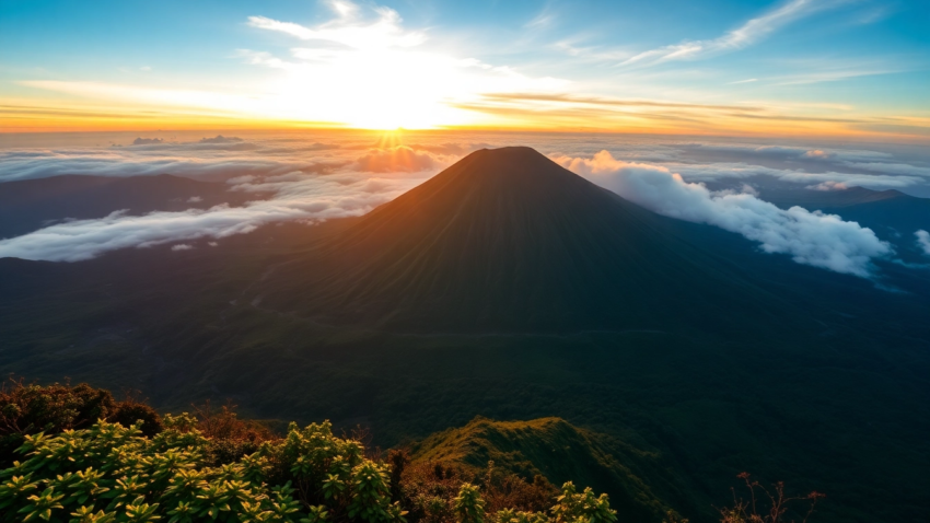 Spectacular view of Mount Rinjani's volcanic peak with sunrise lighting, lush surroundings, and dramatic clouds, highlighting Indonesia's iconic mountain.