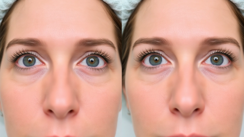 Patient's eyes demonstrating concealed eyelids before and open eyelids after Oberlidstraffung Zürich, highlighting aesthetic enhancement.