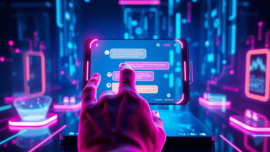 Futuristic AI chat interface on a sleek device with neon accents and holographic data streams.