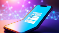 Smartphone displaying an AI chatbot conversation with a friendly digital character, set against a futuristic, glowing network background.