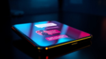 Close-up of a smartphone displaying an AI chat interface with animated characters in a dimly lit setting.