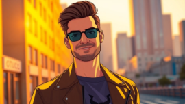 An urban man confidently posing during golden hour with city skyline in background.