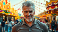 Attractive older man with salt-and-pepper hair in a lively amusement park setting