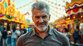 Attractive older man with salt-and-pepper hair in a lively amusement park setting