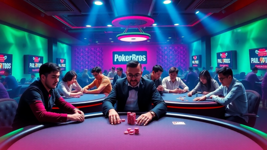 Highlighting the best Pokerbros clubs, featuring diverse players enjoying online poker tables with vibrant visuals and digital interface elements for engaging gameplay.