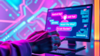 Futuristic scene of a user engaging with an AI chat on devices with neon lighting and digital textures.