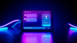 Screenshot of a futuristic chat interface with customizable AI characters and neon accents.