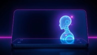 A person interacting with a futuristic AI chatbot on a digital device, illuminated by neon lights.