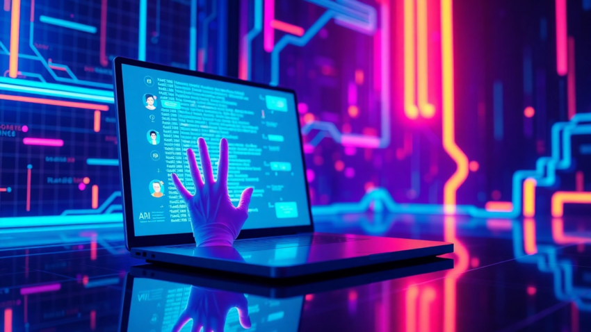 Futuristic AI chatbot interface with neon data streams and customizable characters on a sleek screen