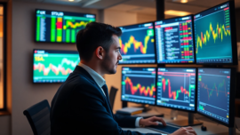 UK Stock Market News analysis with trader reviewing stock charts and gold records in a modern