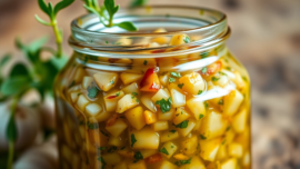 Premium minced garlic in oil stirred with herbs, showcasing freshness and rich texture for