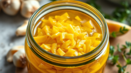 Delicious minced garlic in oil being poured from a jar, highlighting fresh texture and rich